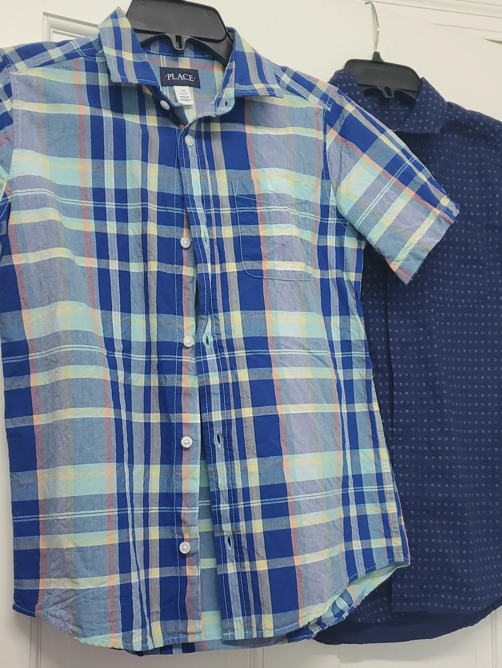(2) The Children's Place Blue Plaid & Navy Short-Sleeve Button Shirts
